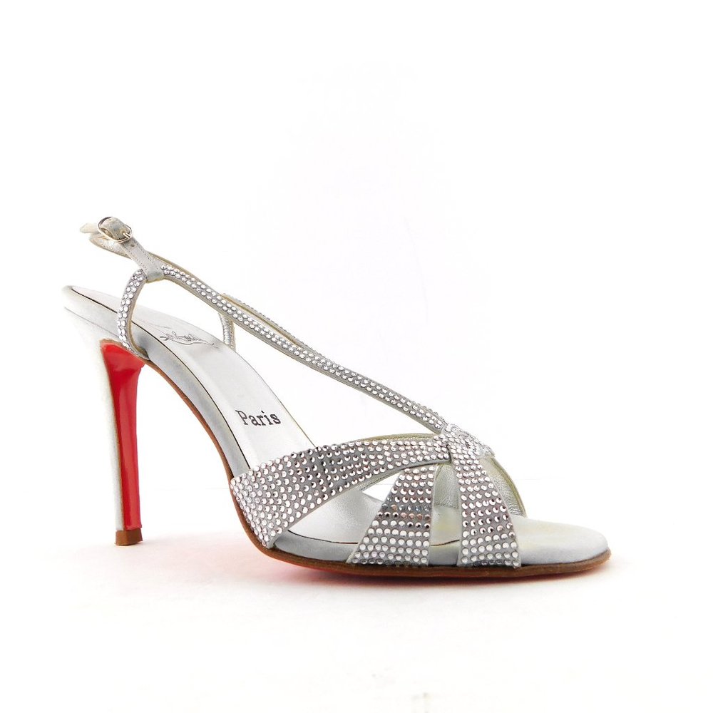 CHRISTIAN LOUBOUTIN Crystal Encrusted Silver Satin Strass Evening Heels 37.5